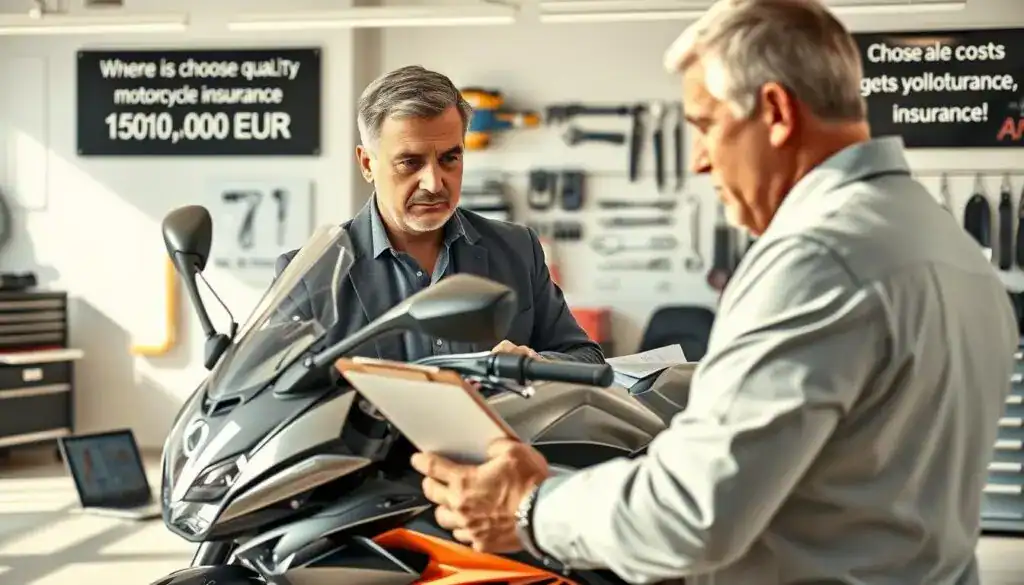 A detailed illustration of a motorcycle expert evaluating a high-value motorcycle worth 15,000 EUR. In the foreground, depict a middle-aged professional in smart casual attire, intently examining the sleek, modern motorcycle with a focused expression. The motorcycle should gleam under soft, natural lighting, showcasing its polished chrome and vibrant paint. In the middle ground, incorporate a well-organized workspace with a clipboard, a laptop displaying technical specifications, and a model toolbox, hinting at the expertise in motorcycle evaluations. The background features a bright, airy garage with tools neatly arranged on shelves, and a motivational poster about the importance of choosing quality motorcycle insurance. The overall atmosphere should convey professionalism and expertise, emphasizing the value of a thorough evaluation. A detailed illustration of a motorcycle expert evaluating a high-value motorcycle worth 15,000 EUR. In the foreground, depict a middle-aged professional in smart casual attire, intently examining the sleek, modern motorcycle with a focused expression. The motorcycle should gleam under soft, natural lighting, showcasing its polished chrome and vibrant paint. In the middle ground, incorporate a well-organized workspace with a clipboard, a laptop displaying technical specifications, and a model toolbox, hinting at the expertise in motorcycle evaluations. The background features a bright, airy garage with tools neatly arranged on shelves, and a motivational poster about the importance of choosing quality motorcycle insurance. The overall atmosphere should convey professionalism and expertise, emphasizing the value of a thorough evaluation.