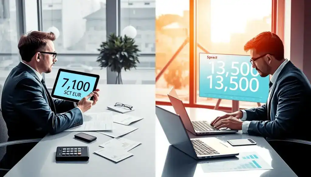A detailed illustration of car insurance evaluation, featuring a split-screen effect. On one side, show a professional insurance agent in business attire examining a digital tablet displaying figures like "7,100 EUR", seated at a modern desk with papers and a calculator scattered around. On the other side, illustrate a different agent analyzing a larger digital screen showcasing "13,500 EUR", surrounded by sleek technology like laptops and technical graphs. The background merges a contemporary office space with inviting lighting from large windows, suggesting an air of professionalism and financial focus. The overall mood is analytical and serious, reflecting the careful assessment of vehicle ownership costs. A detailed illustration of car insurance evaluation, featuring a split-screen effect. On one side, show a professional insurance agent in business attire examining a digital tablet displaying figures like "7,100 EUR", seated at a modern desk with papers and a calculator scattered around. On the other side, illustrate a different agent analyzing a larger digital screen showcasing "13,500 EUR", surrounded by sleek technology like laptops and technical graphs. The background merges a contemporary office space with inviting lighting from large windows, suggesting an air of professionalism and financial focus. The overall mood is analytical and serious, reflecting the careful assessment of vehicle ownership costs.