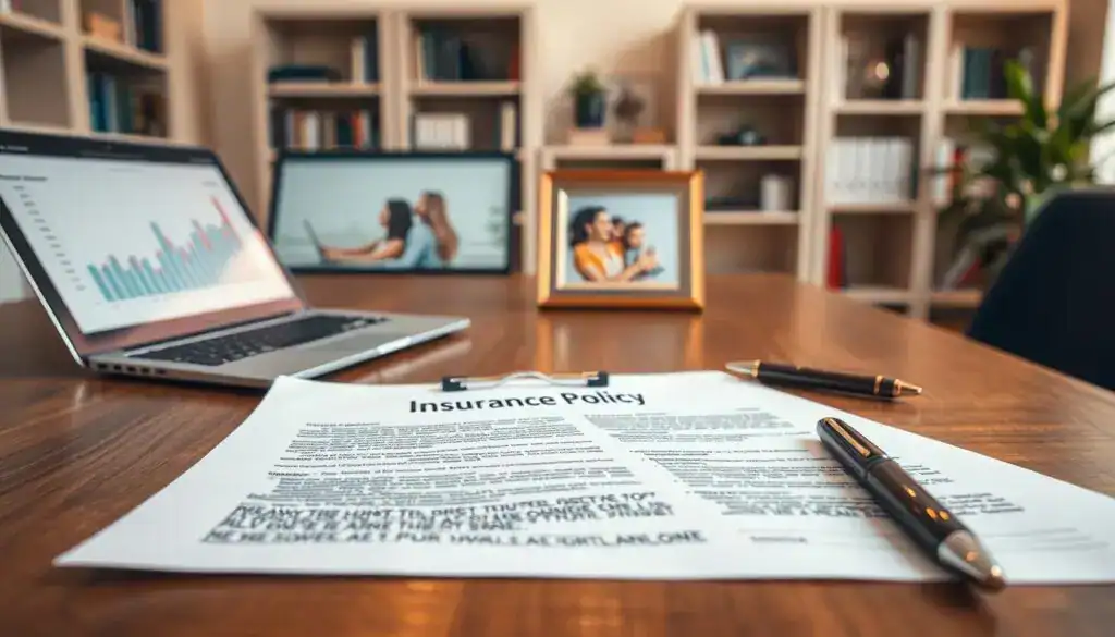 A detailed insurance policy document prominently displayed on a modern wooden desk, surrounded by a laptop showing financial graphs and an elegant pen. The foreground showcases the policy with fine print and a company logo, reflecting professionalism. In the middle ground, there's a framed photo of a family, indicating the personal aspect of insurance. The background features a softly lit office space with shelves filled with books and a potted plant, creating a calming atmosphere. The lighting is warm and inviting, suggesting a sense of trust and security. The perspective is slightly overhead, capturing the entire scene while emphasizing the importance of the policy in financial decision-making.
