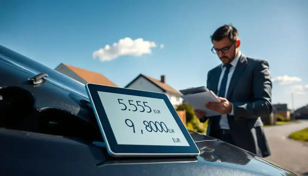 A detailed scene depicting an insurance adjuster examining damage on a car in bright natural lighting. In the foreground, a professional-looking individual in business attire is focused on a damaged vehicle, taking notes on a clipboard. In the middle ground, a digital tablet rests on the hood of the car, displaying comparative figures of damage estimates: "5,555 EUR" and "9,800 EUR." The background features a clear blue sky with a few fluffy clouds and a suburban environment that indicates a typical residential setting. The atmosphere is serious yet informative, capturing the essence of a professional evaluation process. The image should convey clarity, precision, and professionalism, with an emphasis on the assessment workflow. A detailed scene depicting an insurance adjuster examining damage on a car in bright natural lighting. In the foreground, a professional-looking individual in business attire is focused on a damaged vehicle, taking notes on a clipboard. In the middle ground, a digital tablet rests on the hood of the car, displaying comparative figures of damage estimates: "5,555 EUR" and "9,800 EUR." The background features a clear blue sky with a few fluffy clouds and a suburban environment that indicates a typical residential setting. The atmosphere is serious yet informative, capturing the essence of a professional evaluation process. The image should convey clarity, precision, and professionalism, with an emphasis on the assessment workflow.