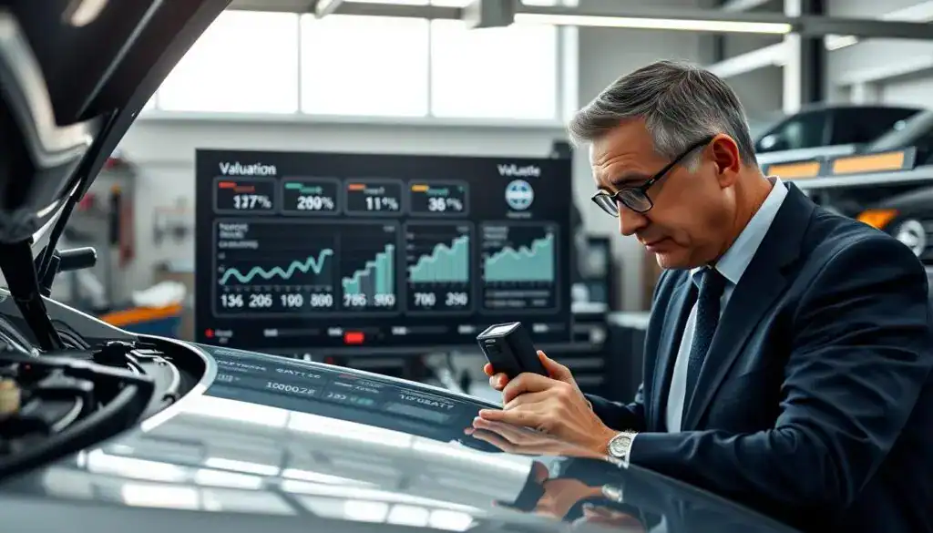 A detailed scene featuring a professional vehicle inspection setting, showcasing a modern car being evaluated by an expert in business attire. In the foreground, the inspector, a middle-aged man with glasses, closely examines the vehicle’s hood with a diagnostic tool in hand. In the middle ground, a large digital display shows data and comparisons between various vehicle valuations. The background includes a well-lit garage filled with automotive tools and equipment, reflecting a clean and organized environment. Soft, natural daylight filters through the garage windows, casting gentle shadows that add depth to the scene. The mood is focused and professional, emphasizing the importance of thorough vehicle assessments.