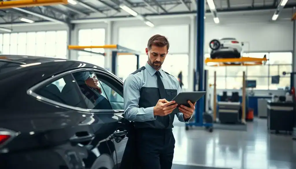 A detailed vehicle inspection scene set in a well-lit automotive workshop. In the foreground, a skilled inspector, dressed in a smart, professional uniform, is carefully examining the exterior of a sleek car with a digital tablet in hand, noting measurements and details. The middle ground showcases automotive tools and equipment, such as lifts, diagnostic machines, and parts, emphasizing the technical environment. In the background, large windows allow natural light to flood the space, highlighting the professionalism of the setting. The atmosphere is serious yet focused, reflecting the meticulous nature of vehicle assessment. Use a standard lens perspective to capture the entire scene, ensuring that the lighting enhances the clarity and details of the vehicle and surroundings.