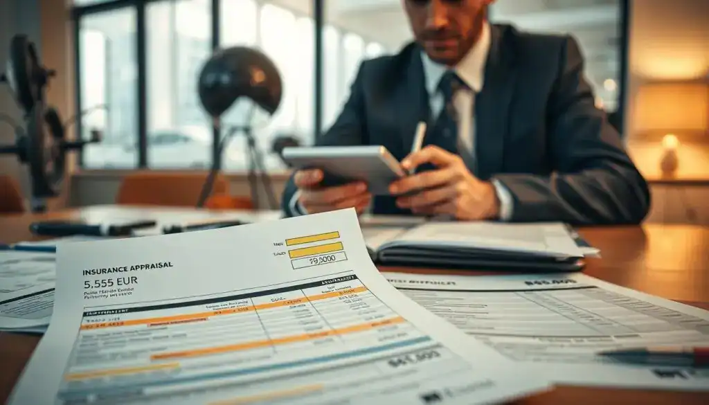 A dynamic, professional setting depicting a close-up of a desk with two contrasting repair invoices, one labeled “Insurance Appraisal: 5,555 EUR” and the other “MOTOEXPERT Estimate: 9,800 EUR.” In the foreground, detailed paperwork is scattered, showcasing highlighted sections, graphs, and calculations. The middle ground features a thoughtful business professional in smart attire, looking at the documents with a calculator in hand, assessing the costs. The background is softly blurred, hinting at a modern office environment with warm lighting and a large window letting in soft, natural light. The atmosphere conveys a sense of careful consideration and professionalism, indicative of a financial assessment process. A dynamic, professional setting depicting a close-up of a desk with two contrasting repair invoices, one labeled “Insurance Appraisal: 5,555 EUR” and the other “MOTOEXPERT Estimate: 9,800 EUR.” In the foreground, detailed paperwork is scattered, showcasing highlighted sections, graphs, and calculations. The middle ground features a thoughtful business professional in smart attire, looking at the documents with a calculator in hand, assessing the costs. The background is softly blurred, hinting at a modern office environment with warm lighting and a large window letting in soft, natural light. The atmosphere conveys a sense of careful consideration and professionalism, indicative of a financial assessment process.