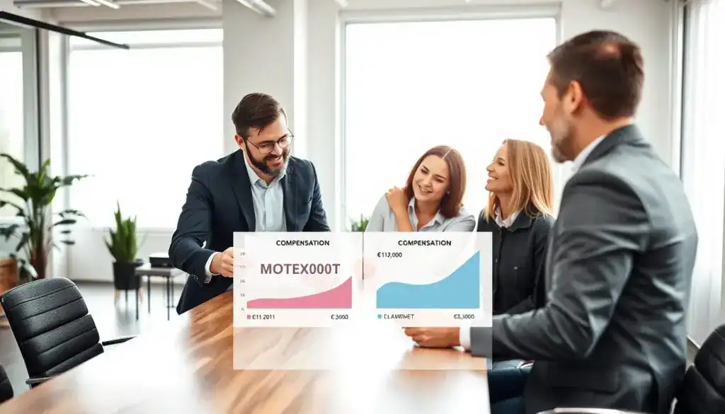 A dynamic scene depicting a professional consultation in an office focused on insurance compensation cases. In the foreground, a confident insurance advisor dressed in a smart suit is engaging with a couple reviewing documents on a sleek wooden table. The couple appears relieved and optimistic, highlighting the positive outcomes of their case with MOTOEXPERT. In the middle, detailed charts and graphs showcasing compensation comparisons from insurers like MOTOEXPERT at €12,000 and another at €5,300 are visible. The background features a modern office with large windows allowing soft, natural light to fill the space, creating a welcoming atmosphere. The overall mood is one of professionalism and hope, emphasizing the importance of choosing the right compensation advisor. A dynamic scene depicting a professional consultation in an office focused on insurance compensation cases. In the foreground, a confident insurance advisor dressed in a smart suit is engaging with a couple reviewing documents on a sleek wooden table. The couple appears relieved and optimistic, highlighting the positive outcomes of their case with MOTOEXPERT. In the middle, detailed charts and graphs showcasing compensation comparisons from insurers like MOTOEXPERT at €12,000 and another at €5,300 are visible. The background features a modern office with large windows allowing soft, natural light to fill the space, creating a welcoming atmosphere. The overall mood is one of professionalism and hope, emphasizing the importance of choosing the right compensation advisor.