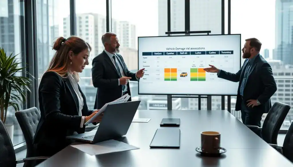 A group of three professional insurance experts, two men and one woman, discussing vehicle damage assessments in a modern office setting. In the foreground, focus on a female expert, wearing smart business attire, analyzing a detailed report on her laptop. The male experts, one in a suit and the other in smart-casual clothing, are engaged in a conversation, gesturing towards a large screen displaying comparison charts of vehicle valuations. The middle ground features a sleek conference table with papers and a coffee cup. The background showcases large windows with city views, casting soft natural light that creates a professional atmosphere. The scene captures a mood of professionalism and attentive analysis, emphasizing collaboration and expertise in communication damage assessments.