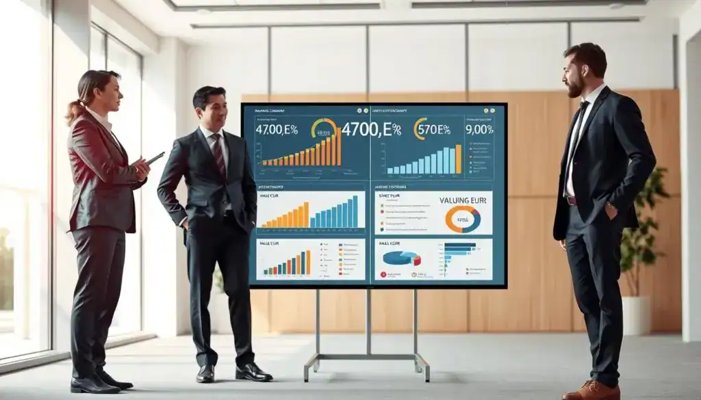 A highly detailed illustration of the processes of valuation comparison, featuring two distinct pathways visually represented. In the foreground, two professional figures, one in formal attire symbolizing an insurance company and the other in smart casual representing a consultancy, are engaged in discussion, surrounded by charts and graphs that depict varying valuation figures: 4,700 EUR versus 9,900 EUR. The middle section showcases a digital display with dynamic infographics, highlighting the differences in methodologies. The background includes an office setting with large windows allowing soft daylight to flood the room, creating a calm and professional atmosphere. The composition should reflect clarity and organization, emphasizing analytical thought and professionalism. A highly detailed illustration of the processes of valuation comparison, featuring two distinct pathways visually represented. In the foreground, two professional figures, one in formal attire symbolizing an insurance company and the other in smart casual representing a consultancy, are engaged in discussion, surrounded by charts and graphs that depict varying valuation figures: 4,700 EUR versus 9,900 EUR. The middle section showcases a digital display with dynamic infographics, highlighting the differences in methodologies. The background includes an office setting with large windows allowing soft daylight to flood the room, creating a calm and professional atmosphere. The composition should reflect clarity and organization, emphasizing analytical thought and professionalism.