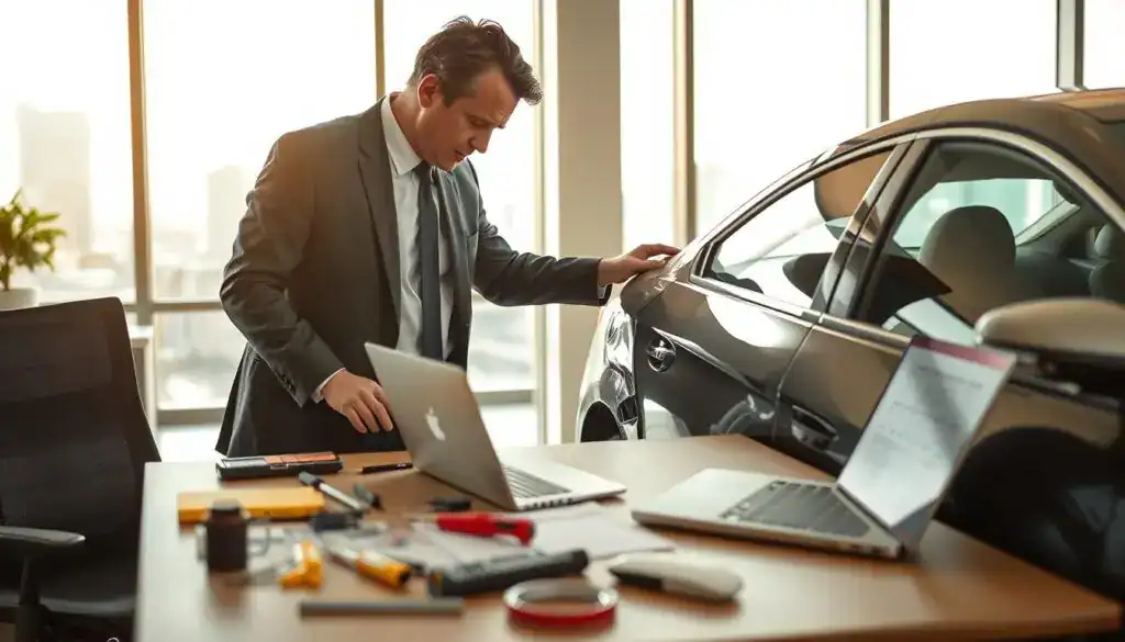 A professional and detailed scene depicting a car damage assessment in a well-lit office environment. In the foreground, a skilled auto appraiser in smart business attire carefully inspects a damaged car, focusing on a prominent dent on the side panel. The middle ground features a large desk cluttered with tools, measuring instruments, and a laptop open to a damage assessment report. To the background, a large window allows soft natural light to filter in, highlighting a cityscape. The atmosphere is serious and analytical, conveying a sense of expertise and professionalism, emphasizing the importance of accurate vehicle valuation amidst a range of vehicle conditions. The image should have a sharp focus on the appraiser’s work, with a balanced composition that draws the viewer’s eye. A professional and detailed scene depicting a car damage assessment in a well-lit office environment. In the foreground, a skilled auto appraiser in smart business attire carefully inspects a damaged car, focusing on a prominent dent on the side panel. The middle ground features a large desk cluttered with tools, measuring instruments, and a laptop open to a damage assessment report. To the background, a large window allows soft natural light to filter in, highlighting a cityscape. The atmosphere is serious and analytical, conveying a sense of expertise and professionalism, emphasizing the importance of accurate vehicle valuation amidst a range of vehicle conditions. The image should have a sharp focus on the appraiser’s work, with a balanced composition that draws the viewer’s eye.