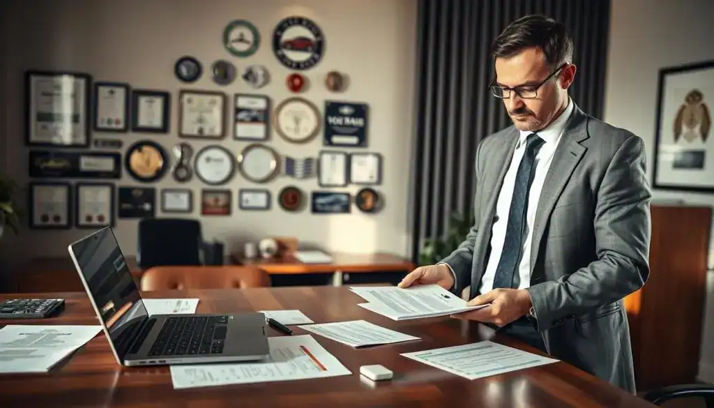 A professional and focused auto expert standing confidently in an office environment, examining vehicle valuation documents on a polished wooden desk. The expert is dressed in a neatly tailored suit, exuding professionalism and experience. In the foreground, detailed paperwork and a laptop displaying valuation software are visible. In the middle ground, a wall-mounted display showcasing various automotive certifications and awards serves as a testament to expertise. The background features soft, natural lighting coming through a window, illuminating the space with a warm glow and creating a serious yet inviting atmosphere. The image captures the essence of importance and trust in the insurance valuation process, highlighting the significance of an experienced auto expert. A professional and focused auto expert standing confidently in an office environment, examining vehicle valuation documents on a polished wooden desk. The expert is dressed in a neatly tailored suit, exuding professionalism and experience. In the foreground, detailed paperwork and a laptop displaying valuation software are visible. In the middle ground, a wall-mounted display showcasing various automotive certifications and awards serves as a testament to expertise. The background features soft, natural lighting coming through a window, illuminating the space with a warm glow and creating a serious yet inviting atmosphere. The image captures the essence of importance and trust in the insurance valuation process, highlighting the significance of an experienced auto expert.
