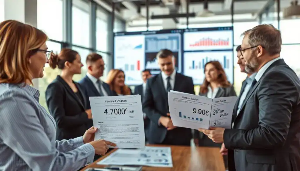 A professional and modern office environment focusing on insurance evaluation. In the foreground, a diverse group of professionals in business attire are engaged in a discussion, studying two detailed reports side by side. One report has an estimated valuation of 4,700 EUR, while the other shows 9,900 EUR, clearly displaying numerical values but no text. In the middle ground, a large screen displays graphs and charts, illustrating the data points in an insightful manner. The background consists of large windows allowing natural light to pour in, creating a bright and positive atmosphere. The scene conveys a sense of collaboration, professionalism, and analytical thinking, captured with a warm color palette and slight focus blur effect for depth. A professional and modern office environment focusing on insurance evaluation. In the foreground, a diverse group of professionals in business attire are engaged in a discussion, studying two detailed reports side by side. One report has an estimated valuation of 4,700 EUR, while the other shows 9,900 EUR, clearly displaying numerical values but no text. In the middle ground, a large screen displays graphs and charts, illustrating the data points in an insightful manner. The background consists of large windows allowing natural light to pour in, creating a bright and positive atmosphere. The scene conveys a sense of collaboration, professionalism, and analytical thinking, captured with a warm color palette and slight focus blur effect for depth.