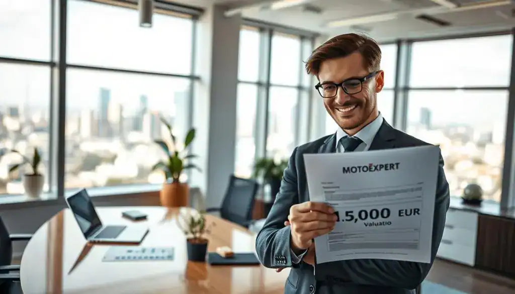 A professional and modern office setting focusing on the concept of vehicle valuation. In the foreground, a confident business professional dressed in smart casual attire is reviewing a document labeled "MOTOEXPERT" that showcases the valuation of 15,000 EUR. The middle ground features an elegant desk adorned with a laptop, financial charts, and a small plant, symbolizing growth and expertise. In the background, large windows allow natural light to flood the room, enhancing the bright and optimistic atmosphere. The view outside reveals a city skyline, representing progress and opportunity. The image should convey a sense of trust and professionalism, underscored by soft, natural lighting and a clear depth of field that keeps the focus on the subject's engaged expression while subtly blurring the background.
