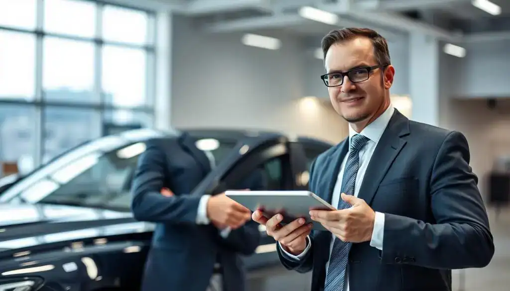 A professional automotive expert, in formal business attire, stands confidently beside a sleek, modern car in a well-lit office environment. The expert holds a tablet, displaying vehicle diagnostic data, symbolizing precision and technology. In the foreground, focus on the expert’s expression of expertise and trustworthiness. The middle ground features the car with gleaming details and intricate patterns on its surface, emphasizing luxury and quality. In the background, a subtle blend of a high-tech office setting with soft, diffused lighting creates an atmosphere of professionalism and reliability. The image should evoke a sense of confidence and sophistication, suitable for the stated section title.