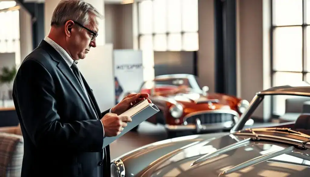 A professional automotive expert known as "MOTOEXPERT" evaluating a classic car in a modern office setting. In the foreground, a middle-aged man in a tailored suit is intently inspecting the vehicle's details, using a clipboard and pen. The middle layer features the classic car, showcasing its glossy paint and polished chrome accents, under warm, focused lighting that highlights its features. The background includes sleek, contemporary office furniture and a large window with natural light streaming in, creating a bright and professional atmosphere. The image conveys a serious and knowledgeable mood, emphasizing the expertise in car valuation. A professional automotive expert known as "MOTOEXPERT" evaluating a classic car in a modern office setting. In the foreground, a middle-aged man in a tailored suit is intently inspecting the vehicle's details, using a clipboard and pen. The middle layer features the classic car, showcasing its glossy paint and polished chrome accents, under warm, focused lighting that highlights its features. The background includes sleek, contemporary office furniture and a large window with natural light streaming in, creating a bright and professional atmosphere. The image conveys a serious and knowledgeable mood, emphasizing the expertise in car valuation.