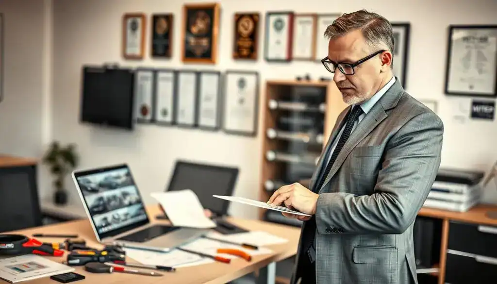 A professional automotive expert, the "rzeczoznawca MOTOEXPERT," stands in an office environment, reviewing vehicle documents and assessment reports. In the foreground, the expert, a middle-aged man in a tailored suit, uses a laptop with various car images and analytics on the screen, exhibiting a focused expression. In the middle ground, a modern desk filled with tools like measuring instruments and vehicle appraisal paperwork conveys a professional setting. The background features a wall with awards and framed certificates, emphasizing expertise and credibility. Soft, natural lighting highlights the scene, creating a warm, inviting atmosphere, while a shallow depth of field adds focus to the expert's engaged demeanor and the tools used for vehicle assessment. A professional automotive expert, the "rzeczoznawca MOTOEXPERT," stands in an office environment, reviewing vehicle documents and assessment reports. In the foreground, the expert, a middle-aged man in a tailored suit, uses a laptop with various car images and analytics on the screen, exhibiting a focused expression. In the middle ground, a modern desk filled with tools like measuring instruments and vehicle appraisal paperwork conveys a professional setting. The background features a wall with awards and framed certificates, emphasizing expertise and credibility. Soft, natural lighting highlights the scene, creating a warm, inviting atmosphere, while a shallow depth of field adds focus to the expert's engaged demeanor and the tools used for vehicle assessment.