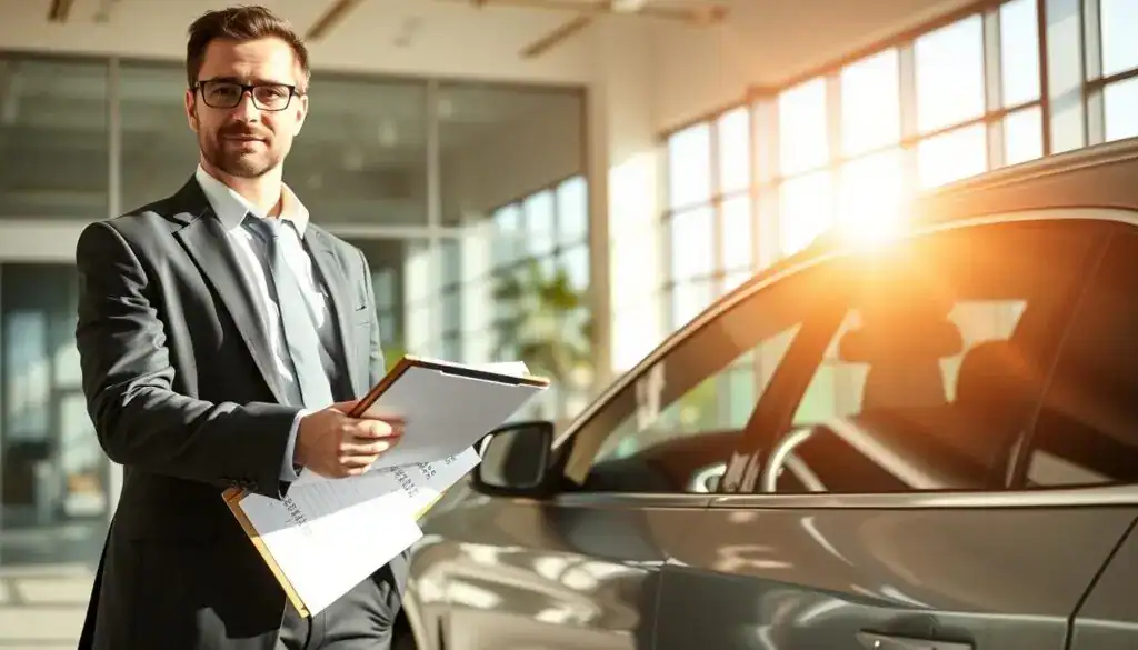 A professional automotive expert, wearing smart business attire, stands confidently next to an upscale vehicle, with a clipboard in hand, assessing its condition. In the foreground, focus on the expert's attentive expression and the detailed clipboard showcasing numerical values related to vehicle appraisal. The middle ground features the well-polished car, reflecting sunlight, emphasizing its value and condition. The background depicts a modern office environment with large windows allowing natural light to flood in, creating an inviting and professional atmosphere. The lighting is bright and warm, casting soft shadows. The image should evoke a sense of trust and professionalism, ideal for illustrating the importance of using an automotive expert for accurate vehicle valuation. A professional automotive expert, wearing smart business attire, stands confidently next to an upscale vehicle, with a clipboard in hand, assessing its condition. In the foreground, focus on the expert's attentive expression and the detailed clipboard showcasing numerical values related to vehicle appraisal. The middle ground features the well-polished car, reflecting sunlight, emphasizing its value and condition. The background depicts a modern office environment with large windows allowing natural light to flood in, creating an inviting and professional atmosphere. The lighting is bright and warm, casting soft shadows. The image should evoke a sense of trust and professionalism, ideal for illustrating the importance of using an automotive expert for accurate vehicle valuation.