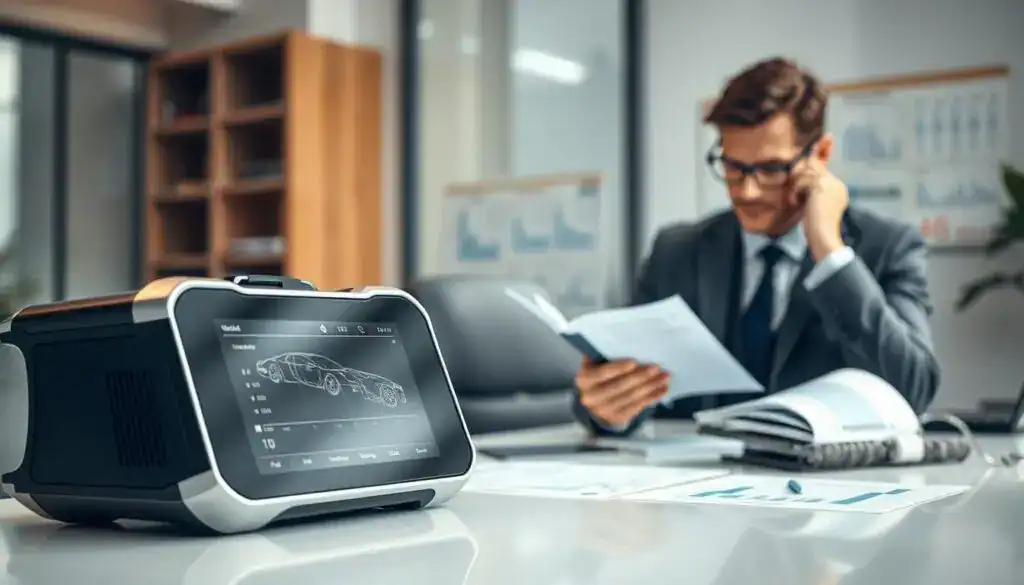 A professional automotive valuation scene showcasing the MOTOEXPERT device priced at 9,800 EUR. In the foreground, depict a sleek, high-tech MOTOEXPERT 9 device with a polished exterior and detailed display, highlighting its advanced features. In the middle ground, include a well-dressed automotive appraiser in a smart suit, intensely analyzing the device with a notebook and pen in hand, displaying a focused expression. In the background, show a clean and organized office environment with automotive charts and valuation data on a desk, emphasizing professionalism. Use soft, natural lighting to create a warm and inviting atmosphere, and capture the image from a slightly elevated angle to provide depth and context. The overall mood should convey expertise and attention to detail, suitable for a professional article. A professional automotive valuation scene showcasing the MOTOEXPERT device priced at 9,800 EUR. In the foreground, depict a sleek, high-tech MOTOEXPERT 9 device with a polished exterior and detailed display, highlighting its advanced features. In the middle ground, include a well-dressed automotive appraiser in a smart suit, intensely analyzing the device with a notebook and pen in hand, displaying a focused expression. In the background, show a clean and organized office environment with automotive charts and valuation data on a desk, emphasizing professionalism. Use soft, natural lighting to create a warm and inviting atmosphere, and capture the image from a slightly elevated angle to provide depth and context. The overall mood should convey expertise and attention to detail, suitable for a professional article.