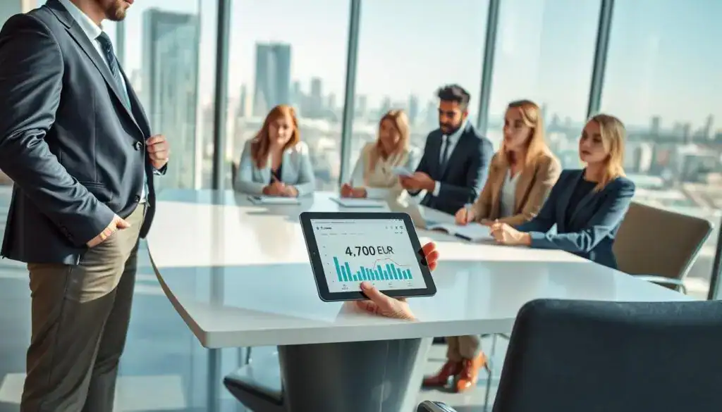 A professional business meeting scene focusing on a financial analyst discussing an insurance valuation of 4,700 EUR. In the foreground, a well-dressed individual in a tailored suit stands confidently by a sleek modern table, presenting a digital tablet displaying data visuals. In the middle ground, a diverse group of colleagues, also in professional attire, attentively watches and takes notes, showcasing engagement and interest. The background features glass walls with a city skyline view and a sunlit office environment, enhancing the atmosphere of professionalism and productivity. The lighting is bright and clear, illuminating the details of the scene, shot from an eye-level angle to create a sense of involvement and importance. The overall mood should convey focus, professionalism, and collaboration.