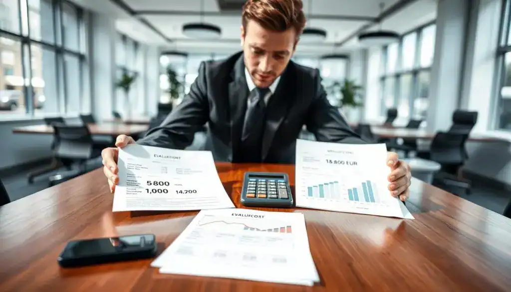 A professional business setting showing two distinct evaluation reports on vehicle costs. In the foreground, a well-dressed financial analyst, in a tailored suit, examines two documents on a sleek wooden desk, each representing vehicle appraisals: one labeled "6,800 EUR" and the other "14,200 EUR". In the middle ground, a prominently displayed calculator and graphs depict varying costs, illustrating the financial implications. In the background, a modern office with floor-to-ceiling windows allows natural light to flood in, casting soft shadows and creating a professional yet inviting atmosphere. The overall mood is analytical and serious, with emphasis on financial assessment and comparison. The perspective should be slightly angled for depth, capturing both the documents and the analyst's focused expression. A professional business setting showing two distinct evaluation reports on vehicle costs. In the foreground, a well-dressed financial analyst, in a tailored suit, examines two documents on a sleek wooden desk, each representing vehicle appraisals: one labeled "6,800 EUR" and the other "14,200 EUR". In the middle ground, a prominently displayed calculator and graphs depict varying costs, illustrating the financial implications. In the background, a modern office with floor-to-ceiling windows allows natural light to flood in, casting soft shadows and creating a professional yet inviting atmosphere. The overall mood is analytical and serious, with emphasis on financial assessment and comparison. The perspective should be slightly angled for depth, capturing both the documents and the analyst's focused expression.