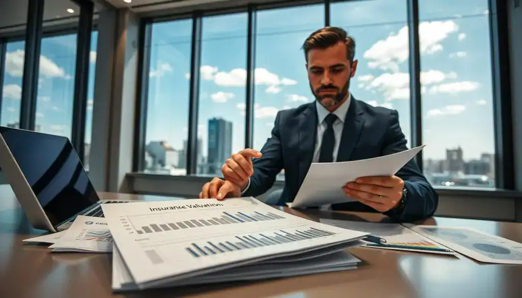 A professional businessman in a modern office setting, analyzing financial documents on a sleek desk adorned with a laptop and various charts. In the foreground, a close-up of a report titled "Insurance Valuation 5,555 EUR" with graphs and data points displayed. In the middle, the businessman is dressed in a well-fitted navy blue suit, looking focused while pointing at the report, with a confident expression. The background features a large window showcasing a city skyline with a blue sky, letting in natural light that creates a warm, inviting atmosphere. The image conveys a sense of professionalism and analysis, highlighting the financial assessment topic. The angle is slightly above eye level, providing an intimate view of the scene. A professional businessman in a modern office setting, analyzing financial documents on a sleek desk adorned with a laptop and various charts. In the foreground, a close-up of a report titled "Insurance Valuation 5,555 EUR" with graphs and data points displayed. In the middle, the businessman is dressed in a well-fitted navy blue suit, looking focused while pointing at the report, with a confident expression. The background features a large window showcasing a city skyline with a blue sky, letting in natural light that creates a warm, inviting atmosphere. The image conveys a sense of professionalism and analysis, highlighting the financial assessment topic. The angle is slightly above eye level, providing an intimate view of the scene.