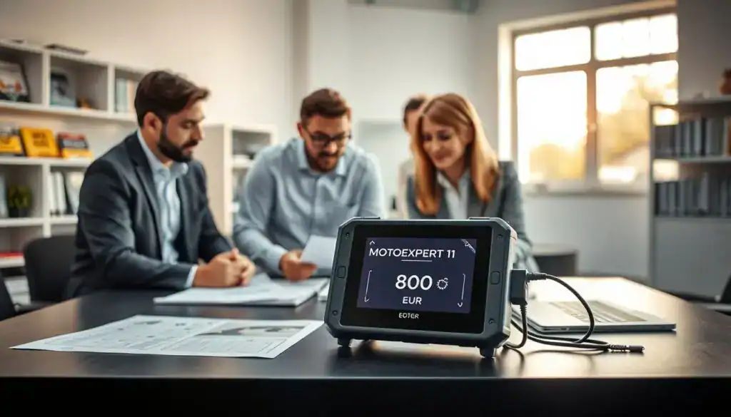 A professional evaluation setting showcasing the "MOTOEXPERT 11" device prominently in the foreground. The device displays a sleek, modern design with the label "MOTOEXPERT 11 800 EUR." Surrounding it, clients—two individuals in business attire—are engaged in discussion, reviewing the device with expressions of interest and contemplation. The middle ground features a neatly arranged workspace with documents and charts illustrating vehicle valuations. The background includes a softly lit office environment with shelves of automotive books and a window showing a sunny day outside, creating a warm and inviting atmosphere. The lighting is bright yet soft, with shadows adding depth to the scene, shot at a slightly elevated angle to provide an overview of the discussion and workspace. A professional evaluation setting showcasing the "MOTOEXPERT 11" device prominently in the foreground. The device displays a sleek, modern design with the label "MOTOEXPERT 11 800 EUR." Surrounding it, clients—two individuals in business attire—are engaged in discussion, reviewing the device with expressions of interest and contemplation. The middle ground features a neatly arranged workspace with documents and charts illustrating vehicle valuations. The background includes a softly lit office environment with shelves of automotive books and a window showing a sunny day outside, creating a warm and inviting atmosphere. The lighting is bright yet soft, with shadows adding depth to the scene, shot at a slightly elevated angle to provide an overview of the discussion and workspace.