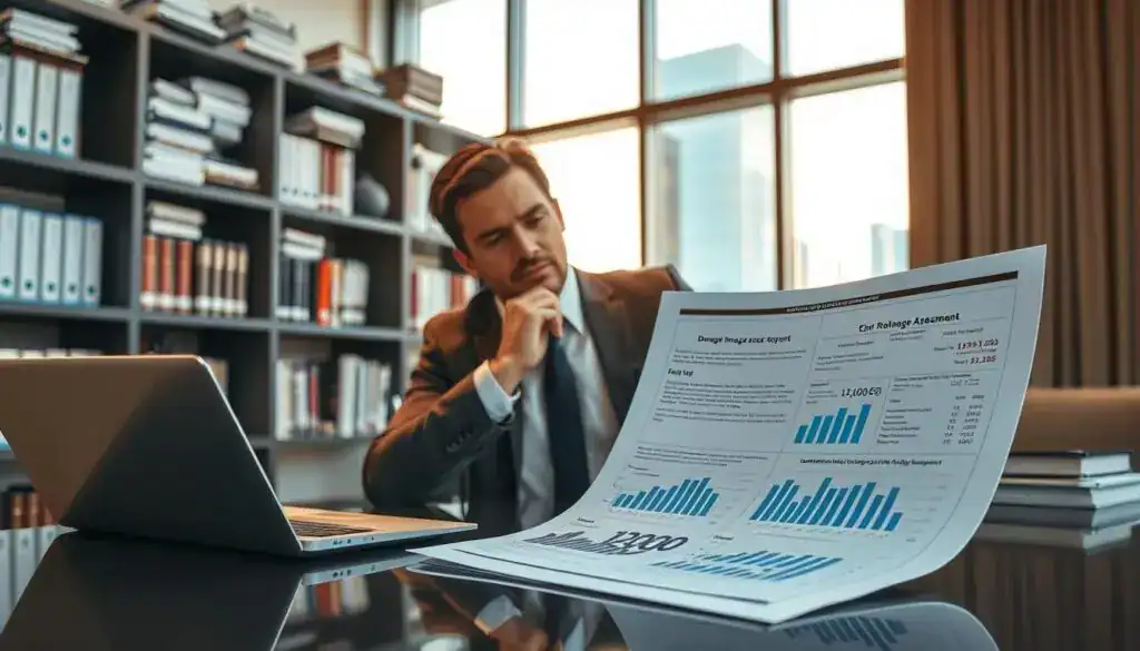 A professional insurance adjuster in business attire is examining a detailed damage assessment report at a sleek modern desk. The foreground features a close-up of the report with clearly visible figures and graphs related to the 12,000 EUR valuation by MOTOEXPERT. In the middle ground, the adjuster is thoughtfully reviewing the report under warm, soft lighting that highlights their focused expression. The background is filled with shelves of insurance reference books and a large window showing a city skyline, providing a clear and organized atmosphere. The overall mood is analytical and professional, emphasizing the importance of accurate damage assessment in insurance claims.