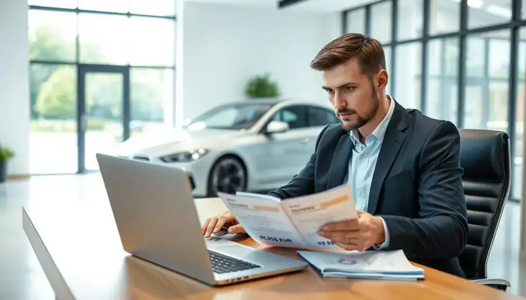 A professional insurance advisor sitting at a modern desk, examining a laptop displaying car insurance quotes. In the foreground, the advisor wears a tailored business suit, looking thoughtful as they compare two documents labeled "5,555 EUR" and "9,800 EUR". In the middle ground, a sleek car is parked gently beside the desk, symbolizing the topic of vehicle insurance. The background features a bright, well-lit office space with large windows allowing natural light, creating an inviting atmosphere. The scene conveys a sense of professionalism and diligence, emphasizing the importance of thorough vehicle insurance evaluations. The angle captures the advisor's focused expression, drawing attention to the financial details involved in the decision-making process. A professional insurance advisor sitting at a modern desk, examining a laptop displaying car insurance quotes. In the foreground, the advisor wears a tailored business suit, looking thoughtful as they compare two documents labeled "5,555 EUR" and "9,800 EUR". In the middle ground, a sleek car is parked gently beside the desk, symbolizing the topic of vehicle insurance. The background features a bright, well-lit office space with large windows allowing natural light, creating an inviting atmosphere. The scene conveys a sense of professionalism and diligence, emphasizing the importance of thorough vehicle insurance evaluations. The angle captures the advisor's focused expression, drawing attention to the financial details involved in the decision-making process.