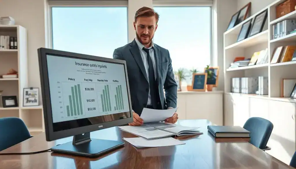 A professional insurance agent, dressed in business attire, stands confidently at a sleek modern desk, reviewing policy documents and financial graphs. The foreground features a computer screen displaying a comparison of insurance quotes prominently, with highlighted figures, symbolizing a contrast between different insurance options. In the middle ground, a window reveals a clear blue sky, suggesting a bright future and optimism in choosing the right insurer. The background includes shelves lined with insurance books, charts, and awards, conveying expertise and trust. The lighting is bright and natural, creating an inviting atmosphere, while the camera angle is slightly elevated, focusing on the agent’s engaged expression as they discuss important details with a client off-frame. The overall mood is professional, informative, and inspiring. A professional insurance agent, dressed in business attire, stands confidently at a sleek modern desk, reviewing policy documents and financial graphs. The foreground features a computer screen displaying a comparison of insurance quotes prominently, with highlighted figures, symbolizing a contrast between different insurance options. In the middle ground, a window reveals a clear blue sky, suggesting a bright future and optimism in choosing the right insurer. The background includes shelves lined with insurance books, charts, and awards, conveying expertise and trust. The lighting is bright and natural, creating an inviting atmosphere, while the camera angle is slightly elevated, focusing on the agent’s engaged expression as they discuss important details with a client off-frame. The overall mood is professional, informative, and inspiring.