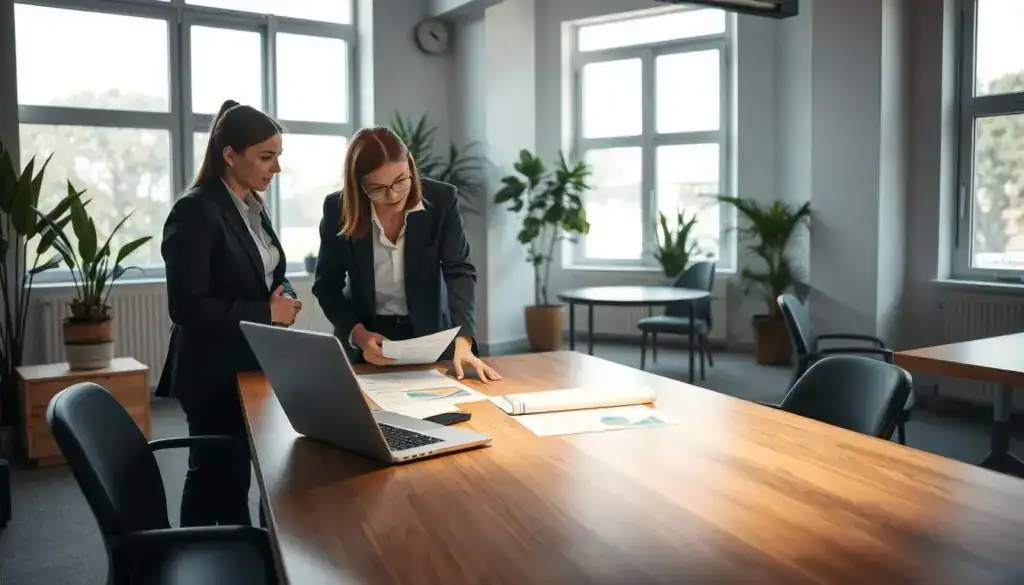 A professional insurance auditing scene in a modern office environment. In the foreground, two business professionals, a man and a woman, are examining documents on a sleek wooden table, both dressed in sharp, professional attire. The middle ground features an open laptop displaying financial charts and graphs, hinting at the analysis of insurance values. In the background, large windows let in soft, natural light, illuminating the office space decorated with potted plants and minimalist furniture. The atmosphere is focused and collaborative, suggesting a serious discussion about future evaluations in the insurance industry. Soft shadows create depth, emphasizing the screen’s glow and the intensity of the work being accomplished. A professional insurance auditing scene in a modern office environment. In the foreground, two business professionals, a man and a woman, are examining documents on a sleek wooden table, both dressed in sharp, professional attire. The middle ground features an open laptop displaying financial charts and graphs, hinting at the analysis of insurance values. In the background, large windows let in soft, natural light, illuminating the office space decorated with potted plants and minimalist furniture. The atmosphere is focused and collaborative, suggesting a serious discussion about future evaluations in the insurance industry. Soft shadows create depth, emphasizing the screen’s glow and the intensity of the work being accomplished.
