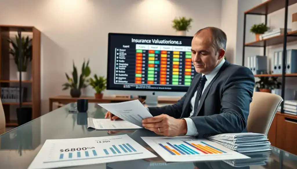 A professional insurance evaluator sitting at a sleek, modern desk, analyzing documents and reports with focused concentration. The foreground showcases charts and graphs illustrating financial comparisons, specifically highlighting "6,800 EUR" and "14,200 EUR" on paper. In the middle, a large computer screen displays a detailed comparison of insurance valuations, with vivid colors and crisp lines. The background is filled with soft, ambient lighting, creating a serious yet approachable atmosphere, accented by potted plants and shelves of industry-related books. The person is dressed in formal business attire, embodying professionalism and diligence. The camera angle is slightly upward, adding a sense of importance and authority to the scene. A professional insurance evaluator sitting at a sleek, modern desk, analyzing documents and reports with focused concentration. The foreground showcases charts and graphs illustrating financial comparisons, specifically highlighting "6,800 EUR" and "14,200 EUR" on paper. In the middle, a large computer screen displays a detailed comparison of insurance valuations, with vivid colors and crisp lines. The background is filled with soft, ambient lighting, creating a serious yet approachable atmosphere, accented by potted plants and shelves of industry-related books. The person is dressed in formal business attire, embodying professionalism and diligence. The camera angle is slightly upward, adding a sense of importance and authority to the scene.