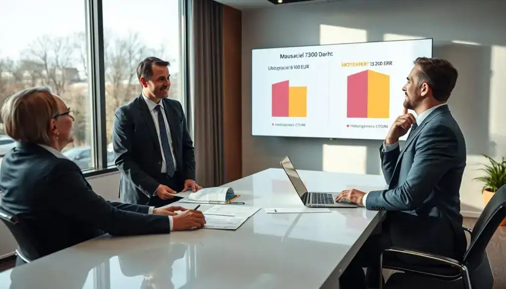 A professional insurance representative standing confidently at a sleek, modern desk adorned with financial documents and a laptop. The representative, dressed in a smart business suit, is engaging in a discussion with a client seated across from them, who appears attentively interested. The setting is a well-lit office with large windows allowing natural light to illuminate the space, creating a warm and inviting atmosphere. In the background, a graphic presentation screen displays comparative charts highlighting "Ubezpieczyciel 6 100 EUR" and "MOTOEXPERT 13 200 EUR". The image captures a moment of professional dialogue, radiating trust and clarity, with a focus on the subjects' expressions and the detailed office environment.