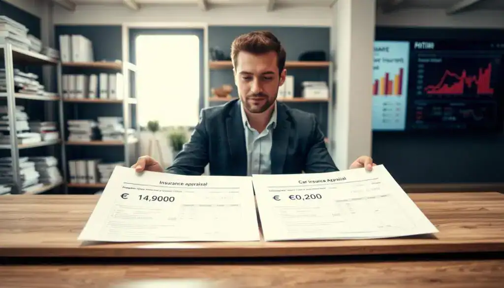 A professional-looking insurance adjuster analyzing car insurance appraisals in a modern office setting. In the foreground, a confident individual in business attire is examining two detailed appraisal reports side by side on a sleek wooden desk, showcasing contrasting values of €4,900 and €10,200. The middle ground features a large window with natural light streaming in, illuminating the scene. In the background, shelves filled with insurance policy documents and a digital screen displaying charts related to car valuations create a sense of an analytical environment. The mood is serious yet hopeful, highlighting the importance of making informed insurance decisions. Soft, professional lighting accentuates the clarity of the reports and the adjuster’s thoughtful expression. A professional-looking insurance adjuster analyzing car insurance appraisals in a modern office setting. In the foreground, a confident individual in business attire is examining two detailed appraisal reports side by side on a sleek wooden desk, showcasing contrasting values of €4,900 and €10,200. The middle ground features a large window with natural light streaming in, illuminating the scene. In the background, shelves filled with insurance policy documents and a digital screen displaying charts related to car valuations create a sense of an analytical environment. The mood is serious yet hopeful, highlighting the importance of making informed insurance decisions. Soft, professional lighting accentuates the clarity of the reports and the adjuster’s thoughtful expression.