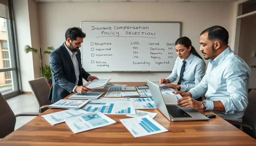 A professional office environment depicting a thoughtful discussion on property insurance options. In the foreground, feature a diverse group of three individuals, two men and one woman, dressed in business attire, analyzing documents with graphs and charts. The middle layer showcases a large table filled with financial reports, insurance policy brochures, and a laptop displaying comparative data. In the background, a large whiteboard outlines key points like "Insurance Compensation" and "Policy Selection," enhancing the analysis atmosphere. Use soft, warm lighting to create a welcoming yet serious mood, emphasizing focus and collaboration. Capture the scene from a slightly elevated angle to provide depth and clarity, ensuring all elements are well-defined and professional. A professional office environment depicting a thoughtful discussion on property insurance options. In the foreground, feature a diverse group of three individuals, two men and one woman, dressed in business attire, analyzing documents with graphs and charts. The middle layer showcases a large table filled with financial reports, insurance policy brochures, and a laptop displaying comparative data. In the background, a large whiteboard outlines key points like "Insurance Compensation" and "Policy Selection," enhancing the analysis atmosphere. Use soft, warm lighting to create a welcoming yet serious mood, emphasizing focus and collaboration. Capture the scene from a slightly elevated angle to provide depth and clarity, ensuring all elements are well-defined and professional.