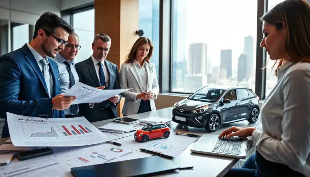 A professional office environment showcasing a vehicle valuation process. In the foreground, a diverse team of financial experts dressed in smart business attire, analyzing a detailed report with graphs and figures about vehicle appraisals. In the middle, a modern desk cluttered with analytical tools, including a laptop displaying software related to vehicle valuation, alongside a compact car model for reference. The background features a large window with natural light streaming in, illuminating a contemporary cityscape visible outside, giving a dynamic and professional ambiance. The overall mood is focused and serious, highlighting the importance of accurate vehicle valuations in a competitive market. A professional office environment showcasing a vehicle valuation process. In the foreground, a diverse team of financial experts dressed in smart business attire, analyzing a detailed report with graphs and figures about vehicle appraisals. In the middle, a modern desk cluttered with analytical tools, including a laptop displaying software related to vehicle valuation, alongside a compact car model for reference. The background features a large window with natural light streaming in, illuminating a contemporary cityscape visible outside, giving a dynamic and professional ambiance. The overall mood is focused and serious, highlighting the importance of accurate vehicle valuations in a competitive market.