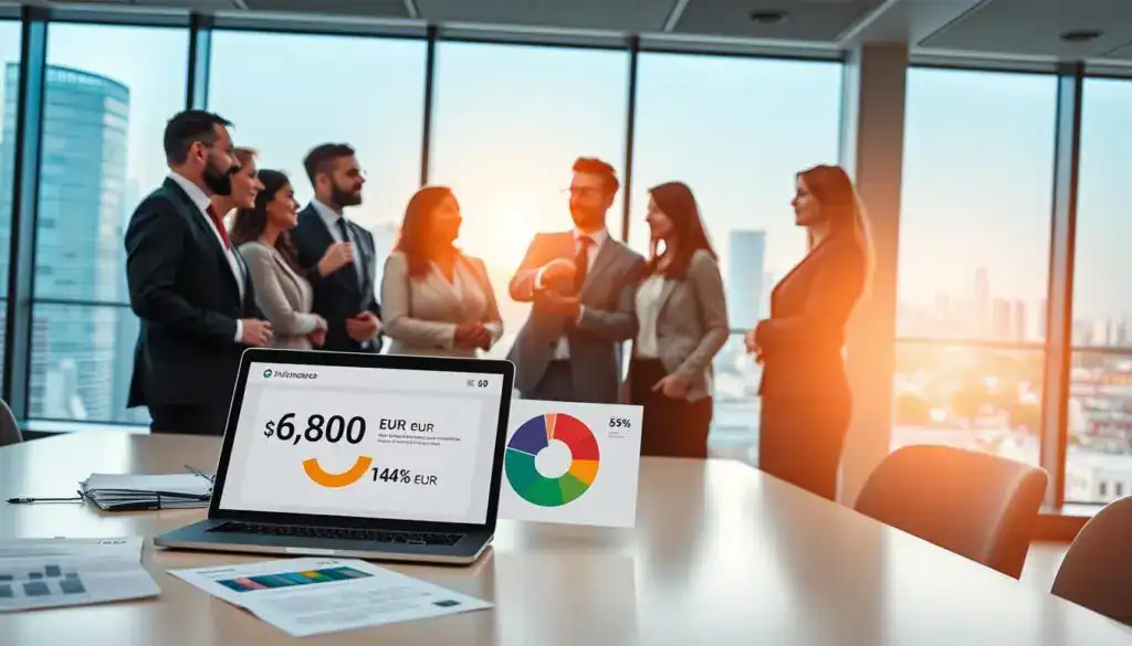 A professional office scene displaying a comparison of two insurance valuations, one for 6,800 EUR and another for 14,200 EUR. In the foreground, a sleek table with a laptop showing a colorful pie chart, with financial documents spread out, illustrating detailed analysis. In the middle, a diverse group of individuals in business attire engaged in discussion, with one pointing to the chart, exuding collaboration and focus. In the background, a large window letting in warm, natural light, revealing a city skyline, creating an uplifting atmosphere. The overall mood should be focused and analytical, emphasizing the importance of the valuation comparison in the insurance industry. A professional office scene displaying a comparison of two insurance valuations, one for 6,800 EUR and another for 14,200 EUR. In the foreground, a sleek table with a laptop showing a colorful pie chart, with financial documents spread out, illustrating detailed analysis. In the middle, a diverse group of individuals in business attire engaged in discussion, with one pointing to the chart, exuding collaboration and focus. In the background, a large window letting in warm, natural light, revealing a city skyline, creating an uplifting atmosphere. The overall mood should be focused and analytical, emphasizing the importance of the valuation comparison in the insurance industry.