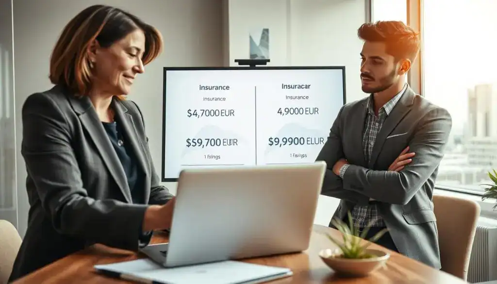 A professional office scene showcasing a car insurance consultation. In the foreground, a well-dressed insurance agent and a client engage in conversation over a laptop displaying comparative insurance quotes. The agent, a middle-aged woman in business attire, has an approachable demeanor. The client, a young man in smart casual clothing, looks intrigued and focused. In the middle background, a large digital whiteboard illustrates graphs and charts comparing insurance prices, emphasizing the contrast between two options: 4,700 EUR and 9,900 EUR. Soft, warm lighting creates an inviting atmosphere, while a modern office setting with minimalistic decor and a large window provides a glimpse of a cityscape. The camera angle is slightly tilted to capture both the individuals and the informative graphics effectively.