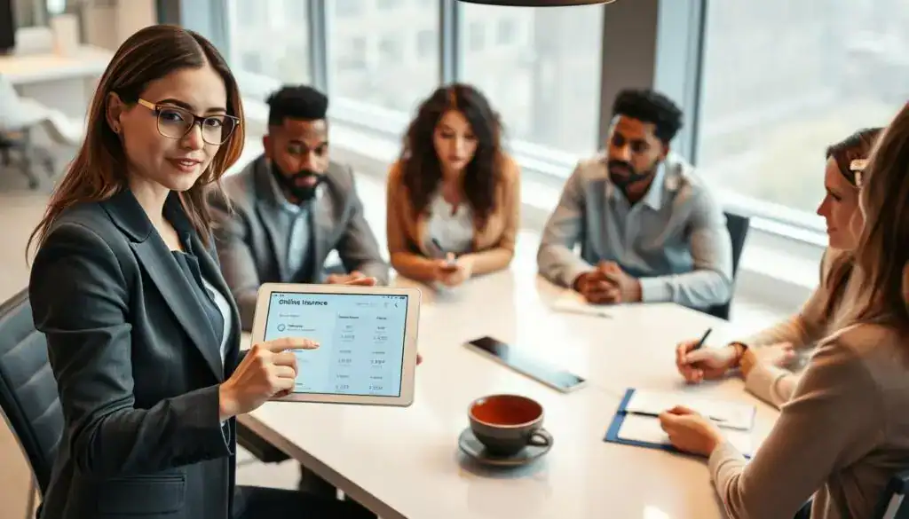 A professional office setting featuring a diverse group of clients gathered around a stylish conference table, engaged in a discussion about online insurance options. In the foreground, a confident female insurance advisor, dressed in business attire, points at a digital tablet displaying a comparison of insurance prices, emphasizing transparency and clarity. In the middle ground, a couple of serious-looking clients take notes, showcasing diverse ethnic backgrounds to represent inclusivity. The background reveals a sleek, modern office environment with large windows offering natural light, creating a warm and inviting atmosphere. The lighting should be bright yet soft, with a focus on the digital devices and expressions of engagement among the participants, capturing a sense of informed decision-making and professionalism.