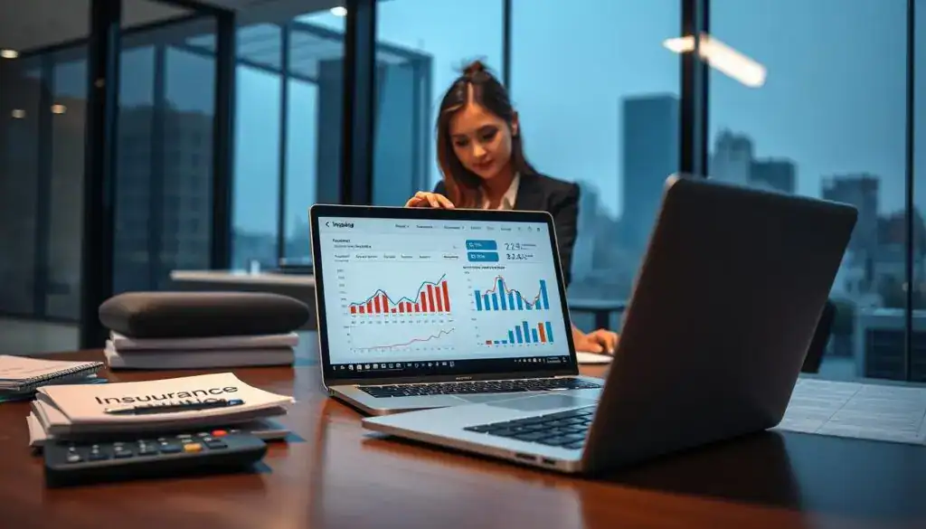 A professional office setting focused on insurance valuation. In the foreground, a neatly arranged desk with a laptop displaying graphs and charts related to property insurance evaluations. To the left, a calculator and a stack of documents labeled "Insurance Analysis" in a sophisticated font. In the middle ground, a well-dressed business professional, a woman in a tailored suit, analyzing the data on the screen with a focused expression. The background features a modern office with glass walls, a skyline view, and subtle ambient lighting that creates a calm and analytical atmosphere. The mood is serious yet collaborative, emphasizing the importance of accurate insurance evaluation. Soft, natural light filters in, enhancing the professionalism of the scene. A professional office setting focused on insurance valuation. In the foreground, a neatly arranged desk with a laptop displaying graphs and charts related to property insurance evaluations. To the left, a calculator and a stack of documents labeled "Insurance Analysis" in a sophisticated font. In the middle ground, a well-dressed business professional, a woman in a tailored suit, analyzing the data on the screen with a focused expression. The background features a modern office with glass walls, a skyline view, and subtle ambient lighting that creates a calm and analytical atmosphere. The mood is serious yet collaborative, emphasizing the importance of accurate insurance evaluation. Soft, natural light filters in, enhancing the professionalism of the scene.