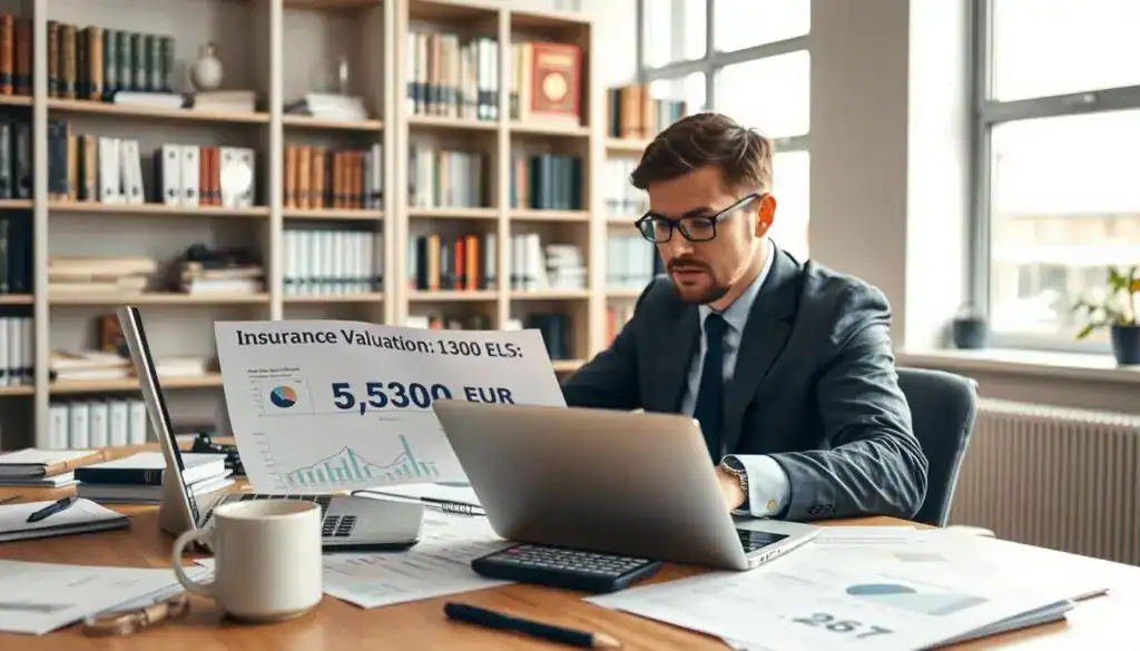 A professional office setting where an insurance analyst is reviewing a document labeled "Insurance Valuation: 5,300 EUR". In the foreground, the analyst, dressed in business attire, is focused on a laptop and spreadsheets, with graphs illustrating financial comparisons. On the desk, a calculator, financial reports, and a coffee cup add realism. In the middle, a large window allows soft, natural light to flood the room, creating a warm atmosphere. The background features shelves filled with books on finance and insurance, emphasizing the analytical theme. The overall mood is serious and analytical, conveying a sense of professionalism and diligence in evaluating insurance quotes. A professional office setting where an insurance analyst is reviewing a document labeled "Insurance Valuation: 5,300 EUR". In the foreground, the analyst, dressed in business attire, is focused on a laptop and spreadsheets, with graphs illustrating financial comparisons. On the desk, a calculator, financial reports, and a coffee cup add realism. In the middle, a large window allows soft, natural light to flood the room, creating a warm atmosphere. The background features shelves filled with books on finance and insurance, emphasizing the analytical theme. The overall mood is serious and analytical, conveying a sense of professionalism and diligence in evaluating insurance quotes.