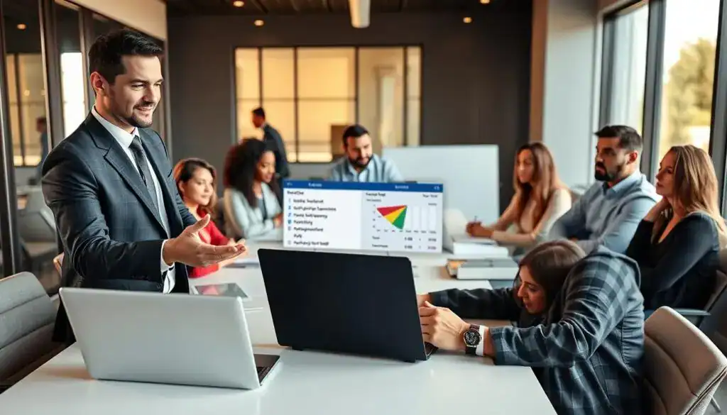 A professional scene depicting a confident insurance advisor, dressed in a tailored suit, discussing policies with a diverse group of clients seated around a modern conference table. In the foreground, the advisor gestures towards a laptop displaying comparative quotes for insurance, symbolizing the evaluation of the two companies' offers. In the middle ground, the clients, a mix of ages and backgrounds, actively engage in the conversation, their expressions reflecting curiosity and concern. The background consists of a sleek office environment with large windows letting in warm, natural light, creating an inviting atmosphere. The overall mood is analytical yet approachable, emphasizing collaboration and trust in insurance decision-making. Use a wide-angle lens to capture the dynamic interaction and depth of the room.