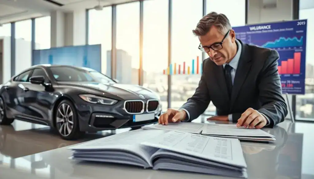A professional scene depicting the concept of vehicle age affecting valuation, set in a bright, modern office environment. In the foreground, a well-dressed insurance appraiser analyzes a sleek, contemporary car model, with open paperwork spread across the desk showing various valuation figures. The appraiser, a middle-aged individual in formal attire, focuses intently on the details. In the middle ground, a large window lets in natural light, revealing a cityscape outside, symbolizing economic factors and growth. In the background, a digital display board shows charts and graphs illustrating vehicle depreciation over time. The atmosphere is analytical and serious, highlighting the critical elements influencing vehicle valuation, with clear, vibrant lighting that enhances focus on the subject.