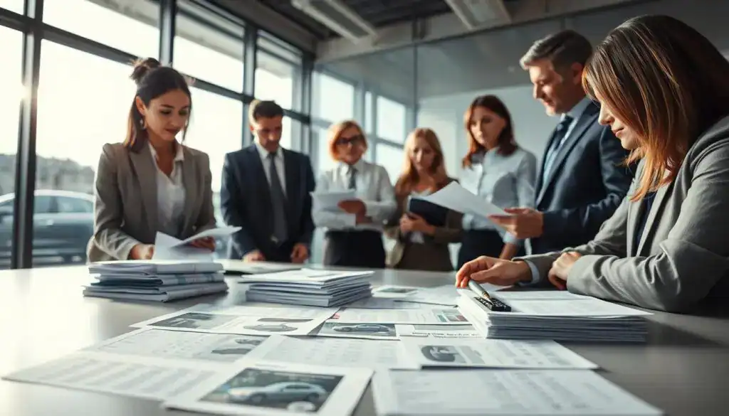 A professional setting depicting the MOTOEXPERT 15,000 EUR valuation process. In the foreground, a diverse group of professionals in business attire are engaged in a serious discussion, reviewing documents and calculators on a sleek conference table. In the middle, stacks of paperwork labeled with detailed valuation charts and figures, including visuals of vehicle images and their respective assessments. The background reveals a modern office environment with large windows allowing natural light to stream in, illuminating the scene. Soft shadows create depth, while a muted color palette conveys a professional and analytical atmosphere. The camera angle is slightly elevated, showing both the participants and the workspace clearly, capturing the essence of a thorough valuation process. A professional setting depicting the MOTOEXPERT 15,000 EUR valuation process. In the foreground, a diverse group of professionals in business attire are engaged in a serious discussion, reviewing documents and calculators on a sleek conference table. In the middle, stacks of paperwork labeled with detailed valuation charts and figures, including visuals of vehicle images and their respective assessments. The background reveals a modern office environment with large windows allowing natural light to stream in, illuminating the scene. Soft shadows create depth, while a muted color palette conveys a professional and analytical atmosphere. The camera angle is slightly elevated, showing both the participants and the workspace clearly, capturing the essence of a thorough valuation process.