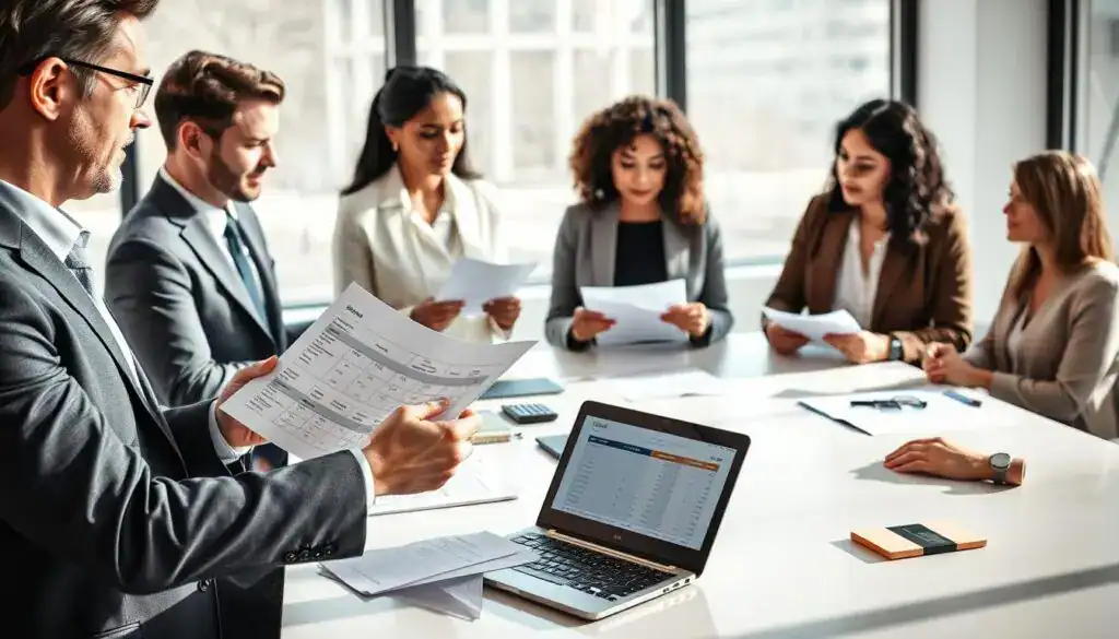 A professional setting depicting two groups of diverse individuals engaged in a discussion about different car insurance quotes. In the foreground, a group of three people—one man in a tailored suit, two women in smart casual attire—are holding papers with graphs and numbers, analyzing the differences between two distinct quotes. In the middle ground, a large, modern conference table is scattered with documents, calculators, and a laptop displaying a comparison chart. In the background, large windows let in natural light, creating a bright, airy atmosphere. Soft shadows enhance the serious yet collaborative mood, with slight focus on the faces of the individuals expressing thoughtful consideration. The perspective is slightly elevated to capture the dynamics of the meeting. A professional setting depicting two groups of diverse individuals engaged in a discussion about different car insurance quotes. In the foreground, a group of three people—one man in a tailored suit, two women in smart casual attire—are holding papers with graphs and numbers, analyzing the differences between two distinct quotes. In the middle ground, a large, modern conference table is scattered with documents, calculators, and a laptop displaying a comparison chart. In the background, large windows let in natural light, creating a bright, airy atmosphere. Soft shadows enhance the serious yet collaborative mood, with slight focus on the faces of the individuals expressing thoughtful consideration. The perspective is slightly elevated to capture the dynamics of the meeting.