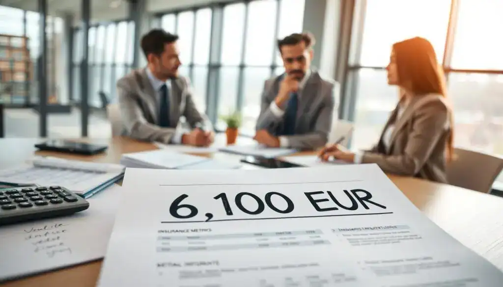 A professional setting focused on the concept of an insurance valuation of 6,100 EUR. In the foreground, a neatly arranged desk with a financial report open, highlighting the figure "6,100 EUR" prominently. To the left, a calculator and a notepad with handwritten notes about insurance metrics. In the middle, a thoughtfully composed group of analysts, two men and a woman in business attire, engaged in a discussion. The background features a modern office with large windows allowing natural light to flood in, casting a soft glow on the scene. The mood is serious and analytical, conveying a sense of professionalism and critical evaluation, with a focus on collaboration and assessment in the insurance industry. The image is shot from a slightly elevated angle, providing a comprehensive view of the workspace. A professional setting focused on the concept of an insurance valuation of 6,100 EUR. In the foreground, a neatly arranged desk with a financial report open, highlighting the figure "6,100 EUR" prominently. To the left, a calculator and a notepad with handwritten notes about insurance metrics. In the middle, a thoughtfully composed group of analysts, two men and a woman in business attire, engaged in a discussion. The background features a modern office with large windows allowing natural light to flood in, casting a soft glow on the scene. The mood is serious and analytical, conveying a sense of professionalism and critical evaluation, with a focus on collaboration and assessment in the insurance industry. The image is shot from a slightly elevated angle, providing a comprehensive view of the workspace.