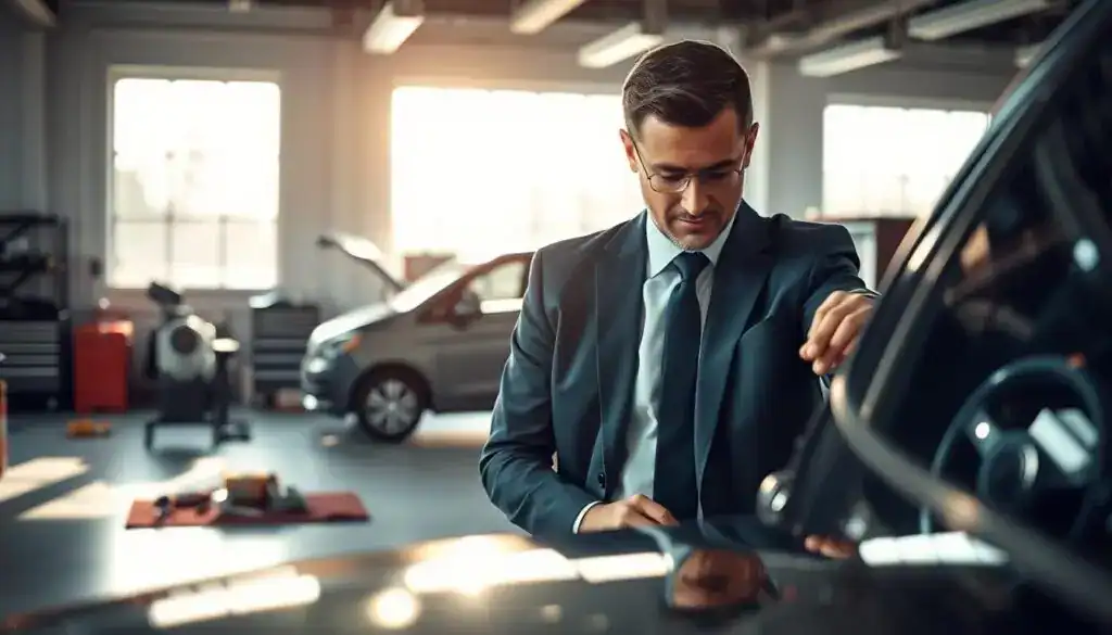 A professional setting showcasing a vehicle assessment scene. In the foreground, a certified vehicle appraiser in a tailored business suit carefully examines a car's exterior, highlighting areas of attention, with a focused expression. The middle section features a modern garage with tools and equipment, illustrating an environment of detailed inspections. In the background, bright natural light streams through large windows, illuminating the space with a warm, inviting glow. The atmosphere conveys professionalism and expertise, emphasizing trust and reliability. Soft shadows enhance the depth of the scene, and a slight depth-of-field effect draws attention to the appraiser’s evaluation of the vehicle, ensuring the image is crisp and well-defined. A professional setting showcasing a vehicle assessment scene. In the foreground, a certified vehicle appraiser in a tailored business suit carefully examines a car's exterior, highlighting areas of attention, with a focused expression. The middle section features a modern garage with tools and equipment, illustrating an environment of detailed inspections. In the background, bright natural light streams through large windows, illuminating the space with a warm, inviting glow. The atmosphere conveys professionalism and expertise, emphasizing trust and reliability. Soft shadows enhance the depth of the scene, and a slight depth-of-field effect draws attention to the appraiser’s evaluation of the vehicle, ensuring the image is crisp and well-defined.