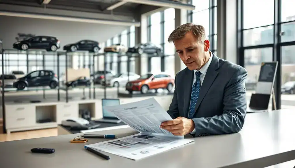 A professional vehicle appraisal scene featuring a certified expert from MOTOEXPERT in a well-lit office setting. The foreground showcases the expert, a middle-aged individual wearing a smart business suit, examining a vehicle's detailed report on a sleek desk. In the middle, there are various car models displayed on a shelf and tools of the trade, like appraisal tools and laptops, emphasizing the technical aspect of vehicle valuation. The background shows large windows with natural light pouring in, creating a bright and inviting atmosphere. The mood is serious yet confident, portraying the importance of accurate vehicle appraisal. The camera angle is slightly elevated, focusing on the expert’s engaged expression while maintaining depth in the office environment. A professional vehicle appraisal scene featuring a certified expert from MOTOEXPERT in a well-lit office setting. The foreground showcases the expert, a middle-aged individual wearing a smart business suit, examining a vehicle's detailed report on a sleek desk. In the middle, there are various car models displayed on a shelf and tools of the trade, like appraisal tools and laptops, emphasizing the technical aspect of vehicle valuation. The background shows large windows with natural light pouring in, creating a bright and inviting atmosphere. The mood is serious yet confident, portraying the importance of accurate vehicle appraisal. The camera angle is slightly elevated, focusing on the expert’s engaged expression while maintaining depth in the office environment.