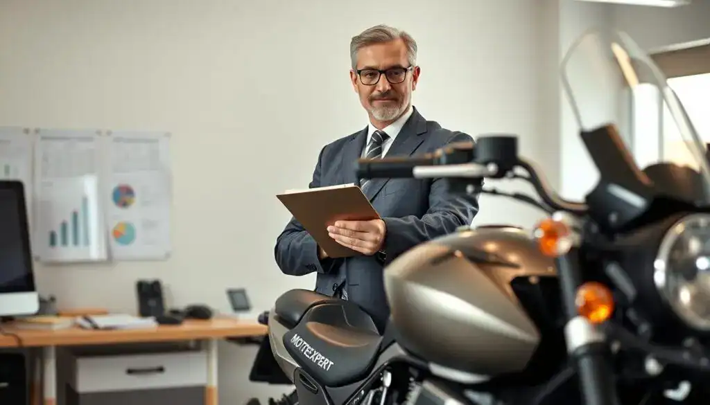 A professional vehicle expert, depicted as a middle-aged Caucasian man in a tailored business suit and glasses, stands confidently beside a motorcycle that is undergoing an inspection. He holds a clipboard while examining the bike’s details, showcasing his expertise as a claims adjuster. The background features a modern office environment with charts and documents on a desk, reflecting an analytical atmosphere. Soft, natural lighting illuminates the scene, creating a sense of professionalism. The camera angle focuses on the expert and the motorcycle from a slight low perspective, emphasizing the importance of the evaluation process. The mood is serious and focused, capturing the essence of MOTOEXPERT's role in insurance assessments.