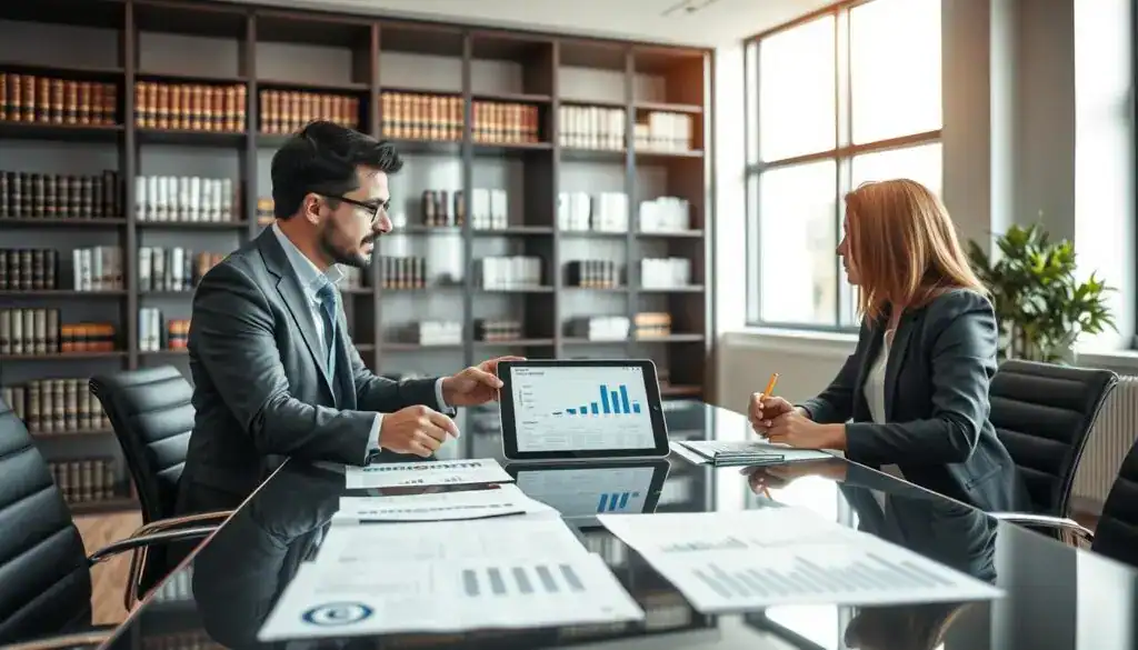 A serene and professional office environment, showcasing a meeting setting with two individuals in business attire engaged in discussion. In the foreground, a modern conference table with documents and graphs, highlighting property insurance details subtly in the background. The middle layer focuses on the two professionals, one gesturing towards a digital tablet displaying comparative insurance quotes, while the other takes notes. Bright, natural lighting filters in through large windows, creating a welcoming atmosphere. The background features a sleek bookshelf filled with legal and financial literature, reinforcing the theme of insurance evaluation. The overall mood is focused and informative, emphasizing decision-making in property insurance selection without any distractions. A serene and professional office environment, showcasing a meeting setting with two individuals in business attire engaged in discussion. In the foreground, a modern conference table with documents and graphs, highlighting property insurance details subtly in the background. The middle layer focuses on the two professionals, one gesturing towards a digital tablet displaying comparative insurance quotes, while the other takes notes. Bright, natural lighting filters in through large windows, creating a welcoming atmosphere. The background features a sleek bookshelf filled with legal and financial literature, reinforcing the theme of insurance evaluation. The overall mood is focused and informative, emphasizing decision-making in property insurance selection without any distractions.