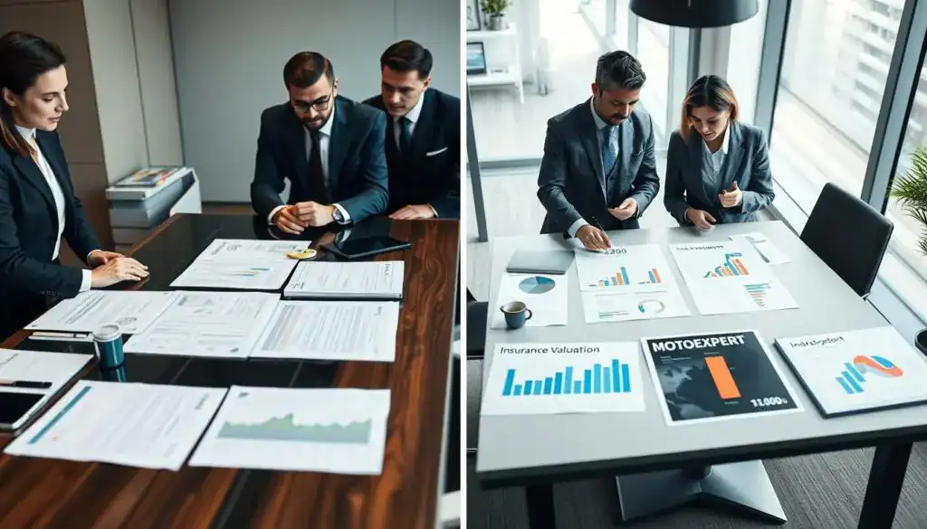 A split-screen image depicting a comparative analysis of insurance valuations. On the left, a professional business setting featuring a neatly organized table with documents displaying the insurance valuation of €6,200, presented in a clear, impactful layout. On the right, a contrasting scene displaying a table with a valuation of €11,400 from MOTOEXPERT, surrounded by charts and graphs illustrating the differences. The foreground features well-dressed professionals engaging in discussion, analyzing the figures with expressions of determination. The background shows a modern office environment with soft, natural lighting filtering through large windows, creating an atmosphere of focused analysis and decision-making. The overall mood is serious and analytical, highlighting financial scrutiny and professional evaluation.