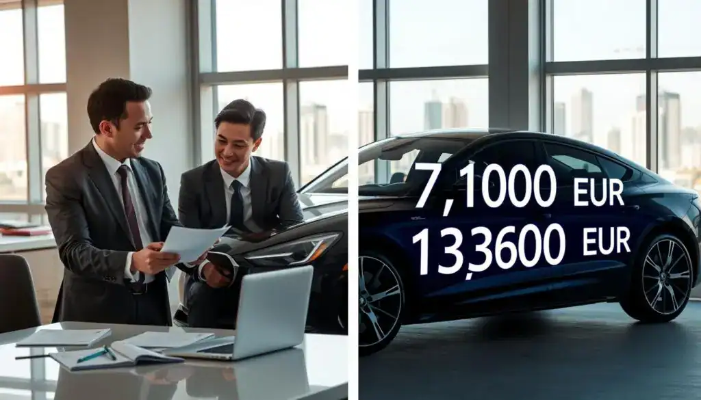 A split-screen image illustrating car insurance valuation. On the left, depict a professional insurance agent in business attire discussing policy details with a customer in a modern office setting, with documents and a laptop on the table. On the right, show a digital display featuring two contrasting figures: 7,100 EUR vs. 13,500 EUR, overlaying a sleek, stylish car. The background should have a cityscape visible through large windows, symbolizing financial services. Use bright, natural lighting to create a positive and engaging atmosphere. Ensure the focus is on the conversation and valuation, capturing a serious yet optimistic mood about making informed insurance decisions. A split-screen image illustrating car insurance valuation. On the left, depict a professional insurance agent in business attire discussing policy details with a customer in a modern office setting, with documents and a laptop on the table. On the right, show a digital display featuring two contrasting figures: 7,100 EUR vs. 13,500 EUR, overlaying a sleek, stylish car. The background should have a cityscape visible through large windows, symbolizing financial services. Use bright, natural lighting to create a positive and engaging atmosphere. Ensure the focus is on the conversation and valuation, capturing a serious yet optimistic mood about making informed insurance decisions.