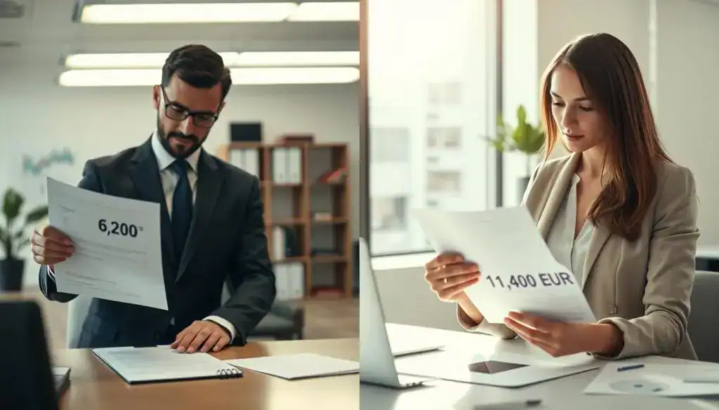 A split-screen image showcasing a professional comparison between two car insurance valuations. On the left, depict a neat office environment with a businessman in a formal suit examining a document that displays the valuation of 6,200 EUR under a bright, fluorescent light. On the right, show a modern workspace with a businesswoman in modest professional attire analyzing a document indicating the valuation of 11,400 EUR, illuminated by natural sunlight coming through a large window. In the background, include subtle elements like charts and graphs hinting at financial analysis, conveying an atmosphere of professionalism and scrutiny. The overall mood should be serious and analytical, highlighting the contrast between the two insurance valuations without any text or distractions. A split-screen image showcasing a professional comparison between two car insurance valuations. On the left, depict a neat office environment with a businessman in a formal suit examining a document that displays the valuation of 6,200 EUR under a bright, fluorescent light. On the right, show a modern workspace with a businesswoman in modest professional attire analyzing a document indicating the valuation of 11,400 EUR, illuminated by natural sunlight coming through a large window. In the background, include subtle elements like charts and graphs hinting at financial analysis, conveying an atmosphere of professionalism and scrutiny. The overall mood should be serious and analytical, highlighting the contrast between the two insurance valuations without any text or distractions.