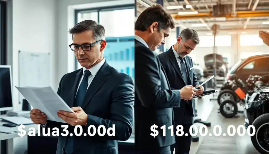 A split-screen image that visually contrasts the valuation estimates from an insurer and a claims adjuster. On the left side, a professional-looking insurance agent in a sharp business suit, standing in a bright, well-lit office, analyzing paperwork with a focused expression. The background features a modern desk with charts and a computer screen displaying financial data. On the right side, a meticulous claims adjuster in business casual attire, surrounded by automotive parts and equipment in a garage setting, examining a car and taking notes. Soft natural lighting enhances the clarity of details, with a lens perspective that draws the viewer’s eye towards the differences in valuation. Overall, the mood is analytical and professional, highlighting the contrast in approaches and amounts. A split-screen image that visually contrasts the valuation estimates from an insurer and a claims adjuster. On the left side, a professional-looking insurance agent in a sharp business suit, standing in a bright, well-lit office, analyzing paperwork with a focused expression. The background features a modern desk with charts and a computer screen displaying financial data. On the right side, a meticulous claims adjuster in business casual attire, surrounded by automotive parts and equipment in a garage setting, examining a car and taking notes. Soft natural lighting enhances the clarity of details, with a lens perspective that draws the viewer’s eye towards the differences in valuation. Overall, the mood is analytical and professional, highlighting the contrast in approaches and amounts.